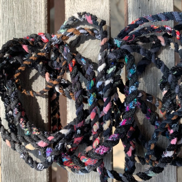 BLACK Upcycled Fabric Rag Rope by the yard, Scrap Fabric Twine, Fabric Cord, Repurposed Rope, Macrame Cord, Hand Twisted Upcycled Rope