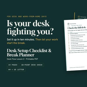 Op de afbeelding: Een printbare PDF-bureau-checklist en pauzeplanner van 14 pagina's, inclusief een 10-punten bureaucheck. Het document bevat tekst zoals Is your desk fighting you? en Check the full desk, beschikbaar in A4- en US letter-formaten.