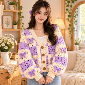 Crochet Patchwork Cardigan Pattern PDF, Lavender Bow Granny Square Sweater, Oversized Chunky Cardigan