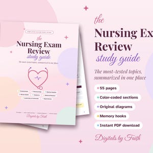 Può includere: Una guida di studio digitale per esami infermieristici con copertina rosa, un grafico a forma di cuore con stetoscopio, il testo "The Nursing Exam Review study guide" e un elenco di argomenti tra cui Fundamentals, Pharmacology e Pediatrics.