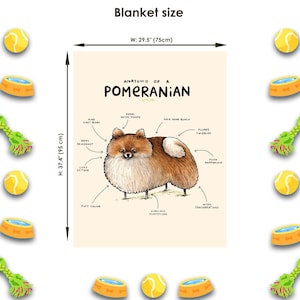 May include: A rectangular blanket featuring an illustration of a brown and white Pomeranian dog with labels pointing to its features. The text reads Anatomy of a Pomeranian. Dimensions are 75 cm wide by 95 cm high, shown with arrows.