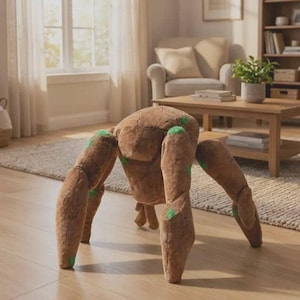 May include: A brown plush toy shaped like a creature with four long, segmented limbs and a rounded body. The surface features a cracked, stone-like texture with small, bright green patches distributed across the limbs and main body structure.