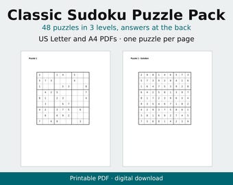 Sudoku Printable Pack, 48 Classic 9x9 Puzzles in 3 Levels, with Answers, Letter and A4 PDF