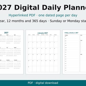 Agenda digital diaria 2027, PDF con hipervínculos, página por día con fecha, inicio en domingo o lunes. imagen 1