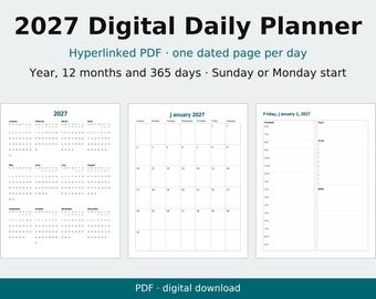 以下が含まれることがあります： 2027年版デジタルデイリープランナー。ハイパーリンク付きPDFで、1日1ページの形式です。12ヶ月間365日分を収録し、日曜または月曜始まりを選択可能です。年間カレンダー、月間ビュー、および1日のスケジュールページが含まれています。