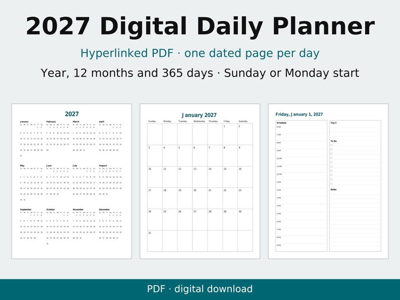 Agenda digital diaria 2027, PDF con hipervínculos, página por día con fecha, inicio en domingo o lunes. imagen 1