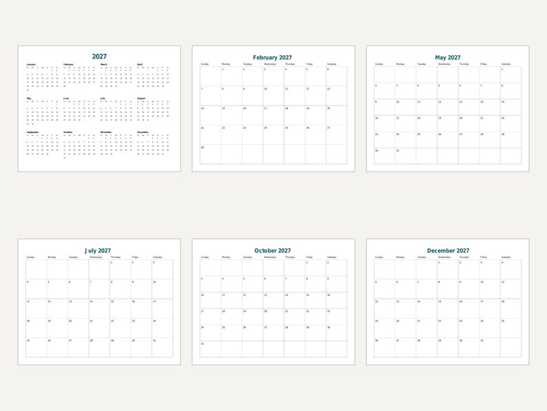 2027 Printable Calendar, Year at a Glance, Monthly Pages (PDF) image 8