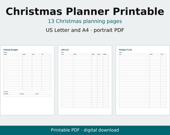 以下が含まれることがあります： USレターおよびA4縦型PDF形式の13ページのクリスマスプランナー印刷用セット。ホリデー予算、ギフトリスト、ホリデーToDoリストのテンプレートが含まれており、各ページには整理された列が配置されています。