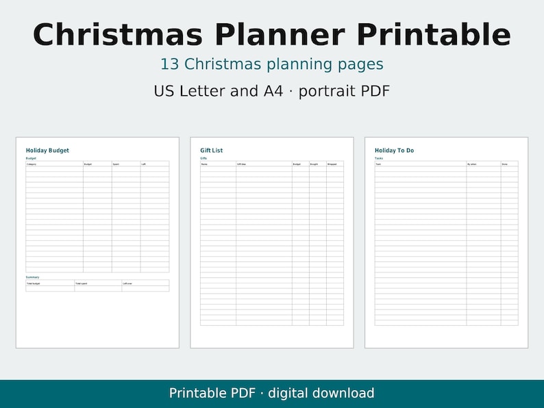 Planejador de Natal para Imprimir, Orçamento de Fim de Ano, Lista de Presentes, Cardápio, Cartões (PDF) imagem 1