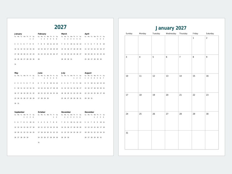 Digital planerare 2027, hyperlänkad PDF, daterade vecko- och månadssidor, startar på söndag eller måndag bild 3