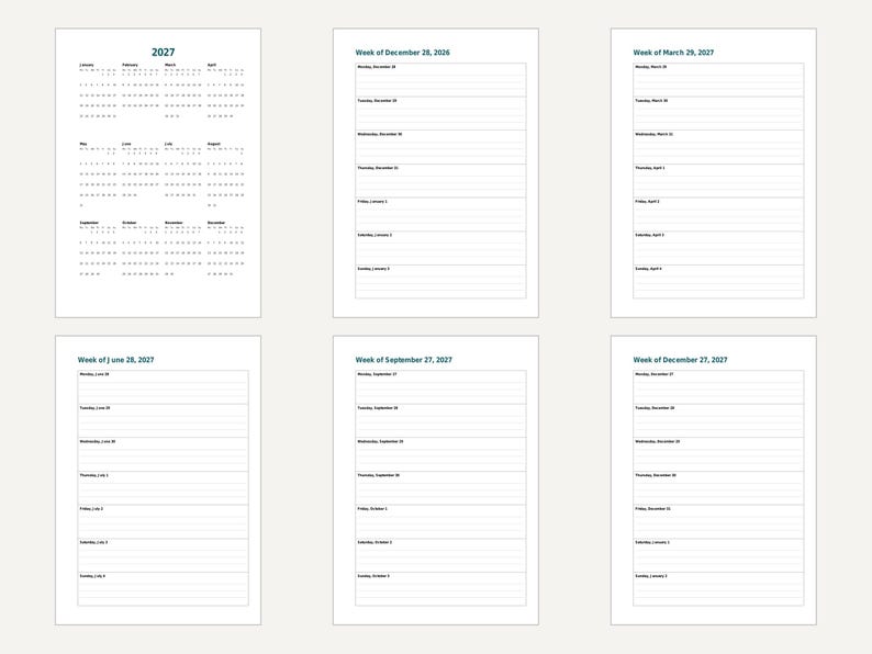 2027 B6 Planner Inserts Printable, Dated Week per Page, Monthly Pages, Year at a Glance image 8