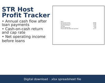 May include: A digital STR Host Profit Tracker spreadsheet file. The text reads STR Host Profit Tracker, listing metrics like Annual Gross Income, Net Operating Income, Cash-on-Cash Return, Cap Rate, Annual Cleaning Cost, and Annual Cash Flow after loan payments.