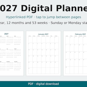 Digital planerare 2027, hyperlänkad PDF, daterade vecko- och månadssidor, startar på söndag eller måndag bild 1