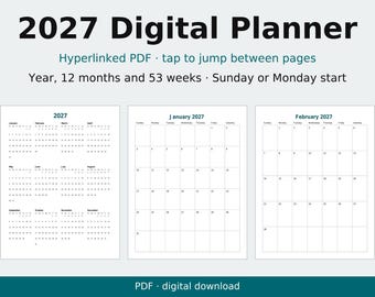 以下が含まれることがあります： 2027年デジタルプランナー。ハイパーリンク付きPDFで、1年、12ヶ月、53週分が含まれています。レイアウトには年間カレンダー、2027年1月の月間グリッド、2027年2月の月間グリッドが表示されており、日曜または月曜始まりを選択可能です。