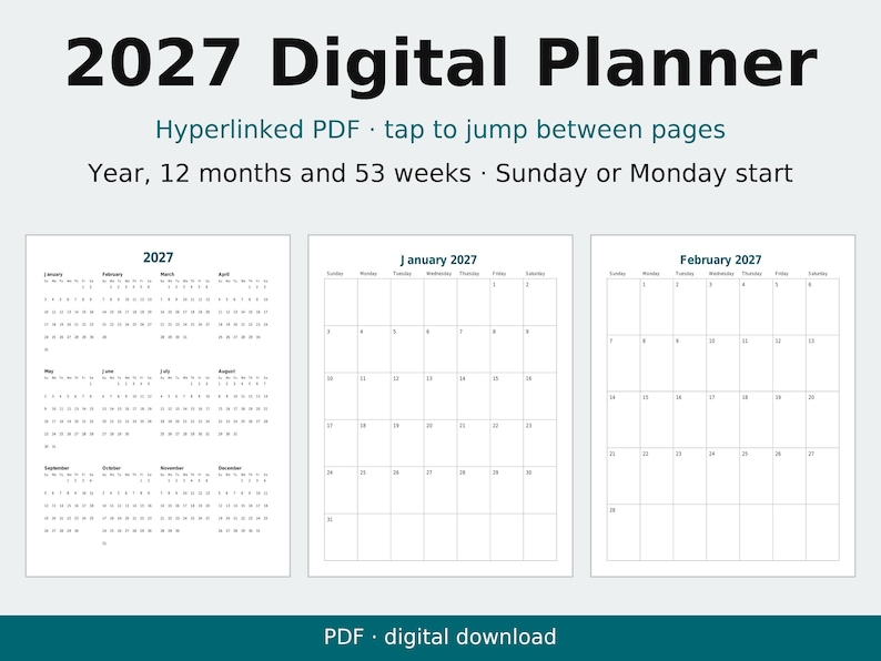 Digital planerare 2027, hyperlänkad PDF, daterade vecko- och månadssidor, startar på söndag eller måndag bild 1