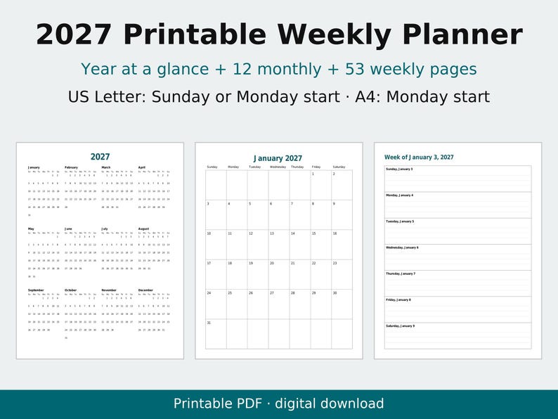 Agenda hebdomadaire 2027 à imprimer, vue d'ensemble de l'année, calendrier mensuel (PDF) image 1