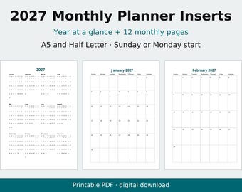 Pode incluir: Inserções de planejador mensal 2027 com visão anual e 12 páginas mensais nos tamanhos A5 e meia carta. O layout inclui opções para início no domingo ou segunda-feira. O texto diz 2027 Monthly Planner Inserts, Printable PDF, digital download.