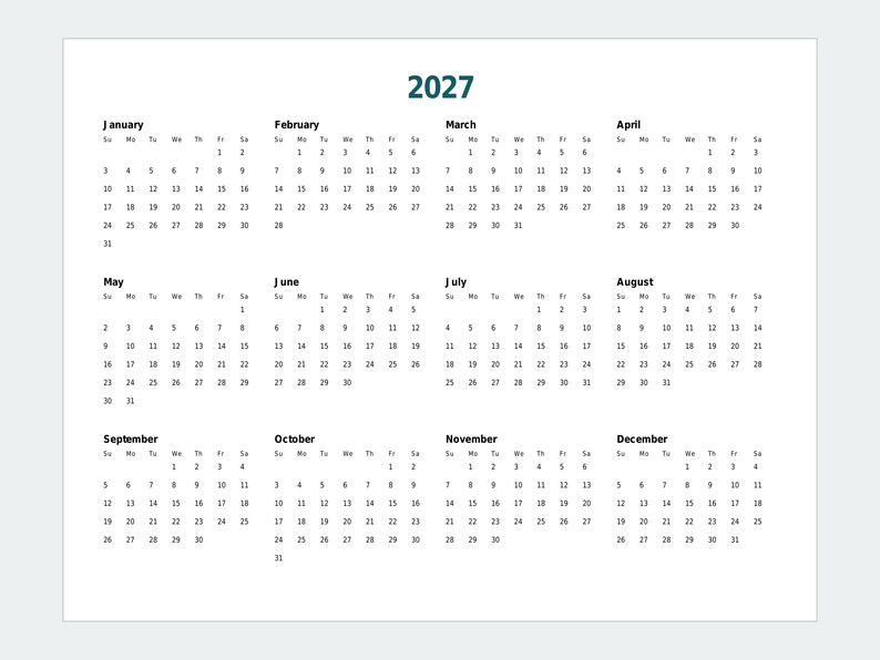 2027 Printable Calendar, Year at a Glance, Monthly Pages (PDF) image 2