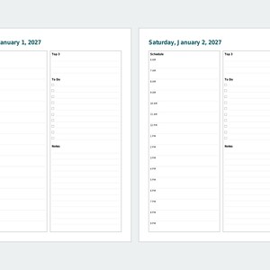 Planificador diario imprimible 2027, página por día con fecha, páginas mensuales, formato carta y A4 (PDF). imagen 3