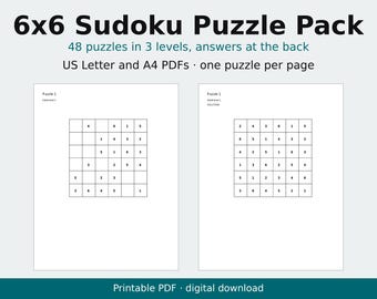 6x6 Sudoku-Druckpaket, 48 Rätsel in 3 Schwierigkeitsstufen, mit Lösungen, Brief- und A4-PDF
