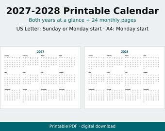 以下が含まれることがあります： 2027年と2028年の両年を表示する24ヶ月分の月間ページ付きの印刷可能なカレンダー。テキストには「2027-2028 Printable Calendar, Both years at a glance + 24 monthly pages, US Letter: Sunday or Monday start, A4: Monday start, Printable PDF」と記載されています。