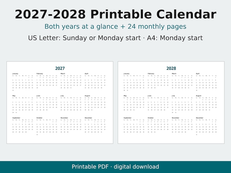 2027-2028年版印刷可能カレンダー、年間カレンダー、24ヶ月分（PDF） 画像 1