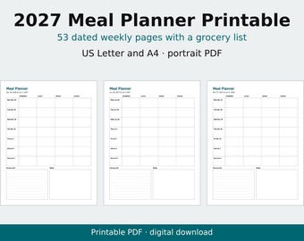 Peut inclure: Un planificateur de repas imprimable 2027 comprenant 53 pages hebdomadaires datées avec une liste de courses au format PDF portrait US Letter et A4. Le document présente trois pages blanches avec des grilles pour les repas.