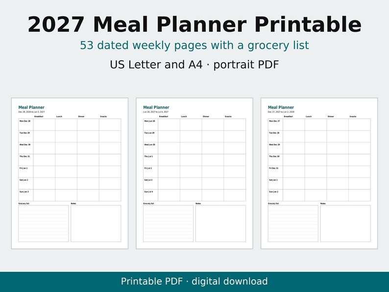 2027年版 食事プランナー（印刷可能）、日付入り週間プランと買い物リスト（PDF） 画像 1