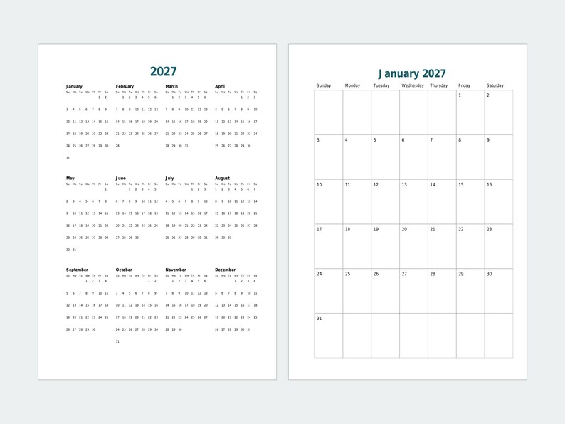 2027 B6 Planner Inserts Printable, Dated Week per Page, Monthly Pages, Year at a Glance image 3
