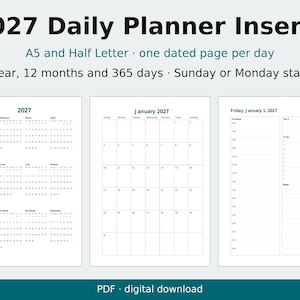 2027 Daily Planner Inserts, A5 & Half Letter, Dated Pages (Digital Download) image 1