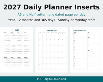 Einlagen für den Tagesplaner 2027, A5 & Half Letter, datierte Seiten (Digitaler Download)