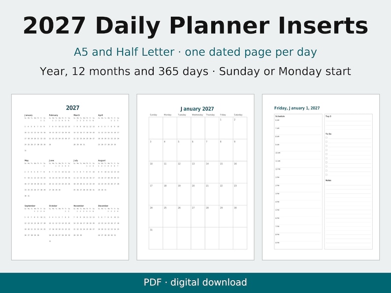 2027 Daily Planner Inserts, A5 & Half Letter, Dated Pages (Digital Download) image 1