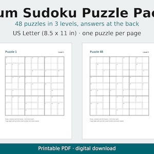 Sudoku-Rätselpaket mit 48 druckbaren Rätseln in 3 Schwierigkeitsstufen (PDF-Download) Bild 1