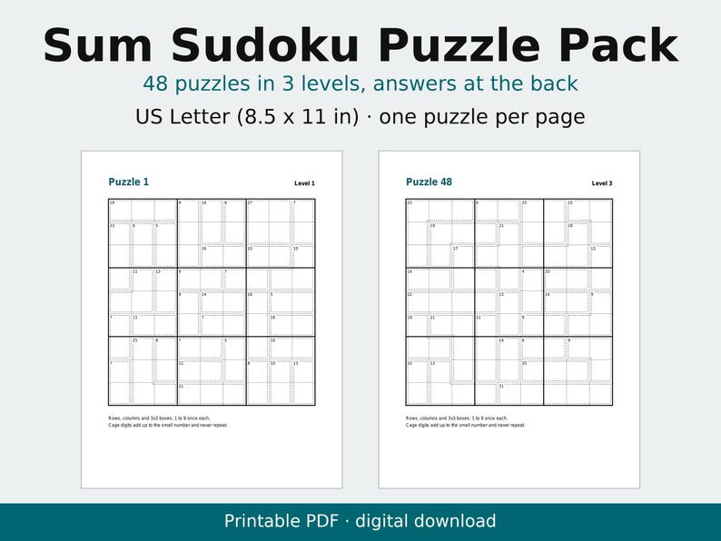 Sudoku-Rätselpaket mit 48 druckbaren Rätseln in 3 Schwierigkeitsstufen (PDF-Download) Bild 1