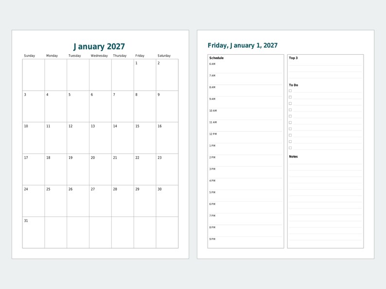 Planificador diario imprimible 2027, página por día con fecha, páginas mensuales, formato carta y A4 (PDF). imagen 2