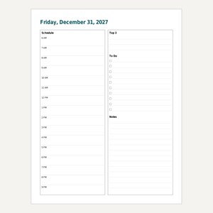 Planificador diario imprimible 2027, página por día con fecha, páginas mensuales, formato carta y A4 (PDF). imagen 7
