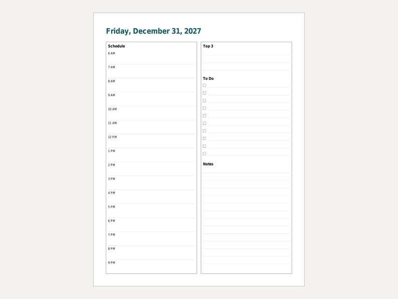 Planificador diario imprimible 2027, página por día con fecha, páginas mensuales, formato carta y A4 (PDF). imagen 7