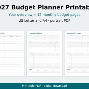 2027 Budget Planner Printable, Monthly Budget Pages, Bill Tracker, Expense Tracker, Letter and A4 PDF image 1