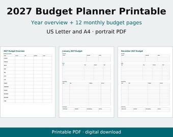 Budgetplaner 2027 zum Ausdrucken, monatliche Ausgabenübersicht, Rechnungsübersicht (PDF)