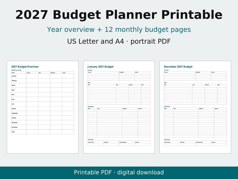 2027 Budget Planner Printable, Monthly Budget Pages, Bill Tracker, Expense Tracker, Letter and A4 PDF image 1