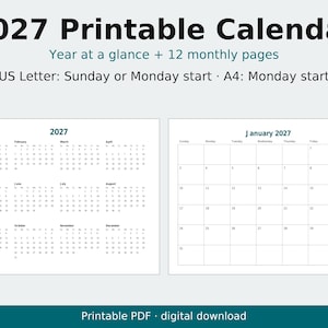 2027 Printable Calendar, Year at a Glance, Monthly Pages (PDF) image 1