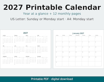 Peut inclure: Un calendrier imprimable 2027 avec une vue annuelle et 12 pages mensuelles. Le texte indique 2027 Printable Calendar, Year at a glance + 12 monthly pages, US Letter: Sunday or Monday start, A4: Monday start, et Printable PDF.