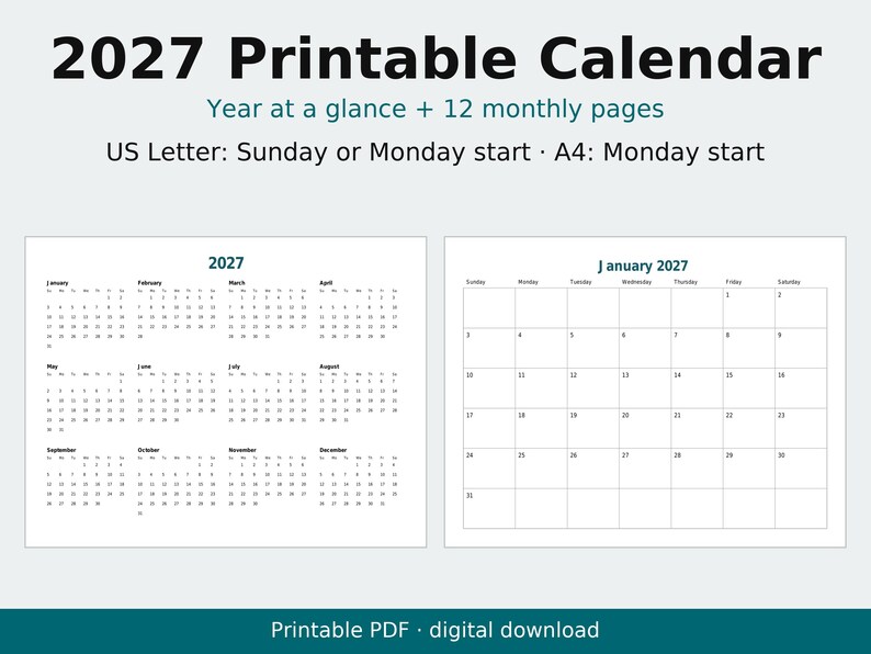 2027 Printable Calendar, Year at a Glance, Monthly Pages (PDF) image 1