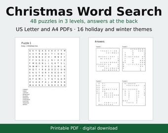 Weihnachtliches Wortsuchrätsel-Paket zum Ausdrucken, 48 Rätsel in 3 Schwierigkeitsstufen, 16 Weihnachts- und Winterthemen, mit Lösungen, Brief- und A4-PDF