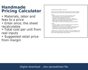 Pode incluir: Um arquivo de planilha digital intitulado Handmade Pricing Calculator. O documento apresenta texto com marcadores explicando como calcular materiais, mão de obra e taxas para determinar um custo unitário e um preço de varejo sugerido.