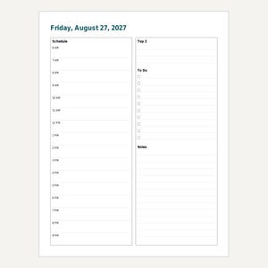 Planificador diario imprimible 2027, página por día con fecha, páginas mensuales, formato carta y A4 (PDF). imagen 6