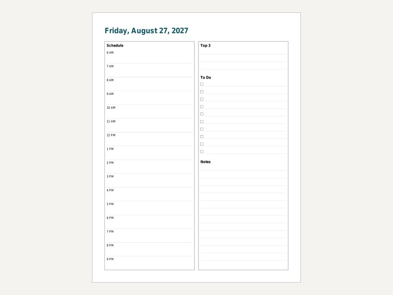 Planificador diario imprimible 2027, página por día con fecha, páginas mensuales, formato carta y A4 (PDF). imagen 6