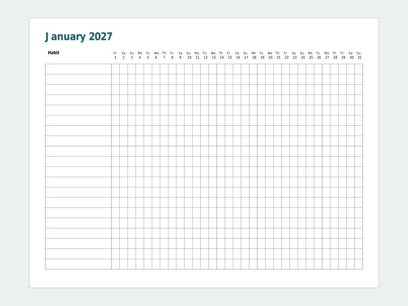 2027年習慣トラッカー（印刷可能）、月間・年間習慣トラッカー、横向きPDF、レターサイズ・A4サイズ 画像 3