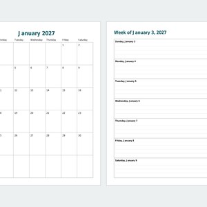 Digital planerare 2027, hyperlänkad PDF, daterade vecko- och månadssidor, startar på söndag eller måndag bild 2