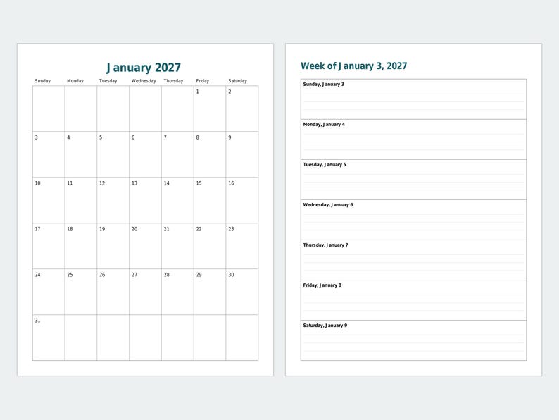 Digital planerare 2027, hyperlänkad PDF, daterade vecko- och månadssidor, startar på söndag eller måndag bild 2